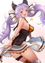  aqua_(popogori) black_capelet blue_eyes blush bow breasts bridal_garter capelet cleavage dress female granblue_fantasy hairbow large_breasts light_purple_hair long_hair looking_at_viewer low_twintails open_mouth satyr_(granblue_fantasy) simple_background smile solo star_(symbol) striped striped_bow thighs twintails very_long_hair white_background white_bow 