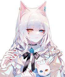  animal animal_ears black_choker black_ribbon blue_eyes cat_ears chinese_commentary choker commentary crescent facial_mark feline female highres holding holding_animal holding_cat juliet_sleeves long_sleeves nail_polish neck_ribbon original puffy_sleeves red_nails ribbon sheya solo upper_body white_cat white_hair yellow_eyes 