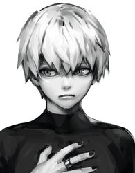  1boy bodysuit closed_mouth expressionless grey_background greyscale hand_up jewelry kaneki_ken male_focus monochrome nail_polish ring shiromi_(ringo) short_hair sideways_glance simple_background solo tokyo_ghoul 