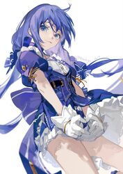  blue_eyes blue_hair blue_skirt blush bokyo braid closed_mouth female gloves heart heart_hands highres long_hair nijisanji official_alternate_costume petticoat puffy_short_sleeves puffy_sleeves shirt short_sleeves sidelocks simple_background skirt smile solo thighs twin_braids twitter_username vest virtual_youtuber white_background white_gloves white_shirt yuuki_chihiro yuuki_chihiro_(8th_costume) 