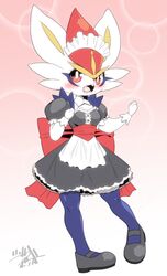  anthro blush cinderace clothing female fur generation_8_pokemon hi_res lagomorph legwear looking_at_viewer maid_uniform mammal nintendo pokemon pokemon_(species) shaolin_bones solo stockings uniform white_body white_fur 