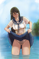  ass_visible_through_thighs brown_hair chiba_shuusaku clothes_lift double_bun female female_pubic_hair glasses hair_bun lifting_own_clothes long_hair original panties pubic_hair sailor_collar school_uniform serafuku skirt skirt_lift solo tree twitter_username underwear very_long_hair wading water wet wet_clothes wet_panties 