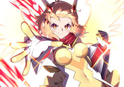  angel_wings bodysuit breasts brown_hair covered_navel female headgear headphones highres mate_(oktavia1121) medium_breasts medium_hair red_scarf scarf senki_zesshou_symphogear sidelocks solo tachibana_hibiki_(symphogear) wings x-drive_(symphogear) yellow_bodysuit 