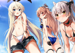  3girls amatsukaze_(kancolle) ass bikini bikini_pull black_bikini black_ribbon black_thighhighs blonde_hair blue_bikini blush breasts brown_eyes clothes_pull commentary_request gloves grey_hair hair_ornament hair_ribbon johnston_(kancolle) johnston_kai_(swimsuit_mode)_(kancolle) kantai_collection light_brown_hair long_hair looking_back medium_breasts multiple_girls ribbon shimakaze_(kancolle) shorts shorts_pull single_glove small_breasts string_bikini swimsuit takanashi_kei_(hitsujikan) thighhighs two_side_up unworn_shorts white_bikini yellow_eyes 