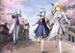  2boys 2girls armor blonde_hair blue_eyes blue_hair blush box breastplate bridge brother_and_sister bubble_tea carrying cherry_blossoms day dress drinking ebiri_fy full_body genshin_impact gift gift_box green_eyes highres holding_hands kamisato_ayaka kamisato_ayato kamisato_clan_(emblem) lumine_(genshin_impact) multiple_boys multiple_girls open_mouth outdoors ponytail scenery siblings smile thoma_(genshin_impact) walking yellow_eyes yuri 