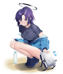  bare_legs beruko14 black_shirt blue_archive blue_eyes blue_footwear blue_jacket bottle breasts buruma commentary facial_mark female grin half_updo halo heart highres jacket long_sleeves looking_at_viewer mechanical_halo medium_breasts off_shoulder official_alternate_costume purple_hair robot shirt shoes simple_background smile solo squatting thighs water_bottle white_background yuuka_(blue_archive) yuuka_(track)_(blue_archive) 