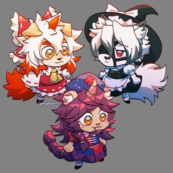  1:1 1_horn 2023 alternative_fashion anthro arknights bear bow_ribbon braided_hair canid canine canis chibi clothing cosplay cosplay_lolita dark_hair domestic_dog eirin_yagokoro eye_patch eyewear facial_hair fangs felid floppy_ears fluffy fluffy_tail fur group hair hat headgear headwear hi_res horn hung_(arknights) hybrid hypergryph inner_ear_fluff iranian_mythology j-fashion jomigalvssart lifewonders lolita_(fashion) maid_uniform male mammal manticore marisa_kirisame middle_eastern_mythology mihoyo multicolored_hair mythology nurse_clothing nurse_lolita orange_eyes pazuzu_(tas) red_eyes red_tail reimu_hakurei signature studio_montagne tail tan_body tan_fur teeth tokyo_afterschool_summoners touhou trio tuft two_tone_hair uniform von_lycaon white_body white_fur white_hair white_tail witch_hat wolf yellow_eyes zenless_zone_zero 