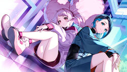  2girls afro_puffs asticassia_school_uniform big_hair blue_hair chuatury_panlunch dark_blue_hair end_card green_shorts gundam gundam_suisei_no_majo hood hoodie multiple_girls nardack nika_nanaura official_art pink_hair pink_hoodie school_uniform shoes shorts sitting sneakers thighs 