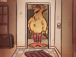  3_fingers 3_toes angry anthro avian beak big_bird_(sesame_street) bird blush broken_door feathers feet fingers light_switch male meme orange_body orange_legs orange_skin sesame_street signature solo standing standing_in_doorway tall toes yellow_beak yellow_body yellow_feathers z-t00n 