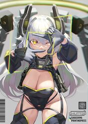  arm_up black_leotard black_sleeves breasts cleavage closed_mouth collarbone commentary_request detached_sleeves female finger_frame gloves grey_gloves grey_hair grey_thighhighs groin hair_between_eyes hand_up headgear highres large_breasts leotard long_hair long_sleeves looking_at_viewer mecha_musume natori_youkai one_eye_closed original puffy_long_sleeves puffy_sleeves solo thighhighs very_long_hair yellow_eyes 