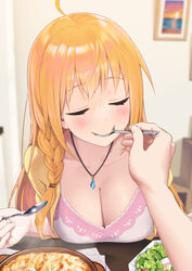  ahoge blurry blurry_background blurry_foreground blush braid breasts camisole cleavage closed_eyes collarbone commentary depth_of_field eating egg egg_(food) fed_by_viewer feeding female food food_request highres holding holding_spoon indoors jewelry large_breasts lettuce long_hair lunch_(shin_new) necklace open_clothes open_shirt orange_hair pecorine_(princess_connect!) pecorine_(real)_(princess_connect!) pink_camisole plate pov pov_across_table pov_dating pov_hands princess_connect! salad shirt side_braid smile softboiled_egg solo_focus spoon steam table tomato upper_body yellow_shirt 