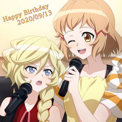  2girls bare_shoulders black_gloves blonde_hair blue_eyes blush braid braided_ponytail brown_eyes carol_malus_dienheim collarbone commentary_request dated elbow_gloves gloves hair_ornament happy_birthday highres looking_at_another microphone miona_yui multiple_girls one_eye_closed open_mouth ponytail senki_zesshou_symphogear short_hair simple_background smile tachibana_hibiki_(symphogear) teeth upper_body upper_teeth_only white_background 