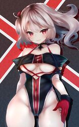  absurdres azur_lane bare_shoulders black_one-piece_swimsuit breasts covered_navel cross cross_necklace female gloves grey_hair highleg highleg_swimsuit highres iron_cross jewelry leg_tattoo long_hair looking_at_viewer medium_breasts necklace number_tattoo one-piece_swimsuit red_eyes red_gloves solo swimsuit tattoo thighs u-410_(azur_lane) underboob yuu_cream zipper 