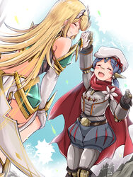  2girls :d android bare_shoulders blonde_hair blush cape closed_eyes earrings elbow_gloves flower gloves hat high_five highres jewelry joints kurokaze_no_sora long_hair multiple_girls mythra_(xenoblade) open_mouth poppi_(xenoblade) poppi_alpha_(xenoblade) purple_hair red_cape robot_joints short_hair smile swept_bangs tiara twintails very_long_hair white_flower white_gloves xenoblade_chronicles_(series) xenoblade_chronicles_2 