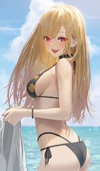  absurdres ass barbell_piercing bikini black_bikini black_choker blonde_hair blue_sky breasts choker cloud day earrings female floral_print gradient_hair halterneck hara_kenshi highres jewelry kitagawa_marin long_hair looking_at_viewer medium_breasts multicolored_hair ocean open_mouth outdoors piercing print_bikini red_eyes red_hair side-tie_bikini_bottom sky smile solo sono_bisque_doll_wa_koi_wo_suru string_bikini swept_bangs swimsuit 