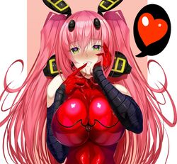  blush bodysuit breasts elbow_gloves female gloves green_eyes gundam hand_on_own_face haro heart heart_in_eye highres ill_(0022) large_breasts mechanical_ears original personification pink_hair red_gloves skin_tight solo speech_bubble spoken_heart symbol_in_eye twintails upper_body 