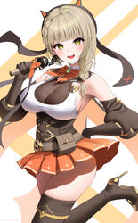  :d absurdres bangs bare_shoulders black_footwear black_gloves blush boots braid breasts brooch brown_hair character_request copyright_request elbow_gloves female gloves green_eyes high_heels highres holding holding_microphone jewelry kohanayuki large_breasts looking_at_viewer medium_hair microphone orange_skirt pouch skirt smile solo thigh_boots thighhighs thighs 