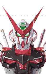  absurdres azzalea beam_saber character_name commentary english_commentary green_eyes gundam gundam_astray_red_frame gundam_seed gundam_seed_astray highres holstered looking_at_viewer mecha no_humans robot science_fiction solo straight-on upper_body v-fin white_background 