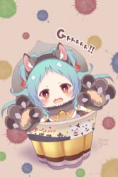  animal_ear_fluff animal_ears animal_hands aqua_hair artist_name bell chibi claw_pose commentary english_text fake_animal_ears fangs faster_duck female food fur-trimmed_gloves fur_collar fur_trim ghost_print gloves hands_up long_hair looking_at_viewer miyako_(halloween)_(princess_connect!) miyako_(princess_connect!) neck_bell open_mouth parted_bangs paw_gloves princess_connect! pudding red_eyes sailor_collar shirt short_eyebrows sidelocks solo two_side_up upper_body v-shaped_eyebrows white_shirt wolf_ears wolf_paws yellow_sailor_collar 