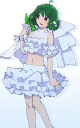  ai-kun arm_strap blush bow chaku_(horhor71) cowlick crop_top eyebrows_hidden_by_hair female gradient_background green_hair halterneck huge_bow looking_down macross macross_frontier midriff navel oerba_yun_fang on_shoulder open_mouth ranka_lee skin_fang skirt solo tail uta_macross_sumaho_deculture white_bow white_skirt 