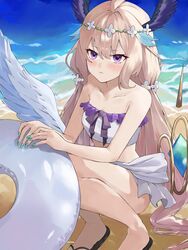  ahoge alternate_costume beach bikini blonde_hair blue_nails enna_alouette female frown head_wings highres konchi_(63438789) long_hair low_twintails low_wings mechanical_wings nijisanji nijisanji_en outdoors purple_eyes purple_wings solo swimsuit twintails very_long_hair virtual_youtuber white_bikini white_wings wings 