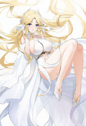  azur_lane bare_shoulders blue_eyes breasts brest_(azur_lane) clothing_cutout dress female full_body high_heels highres large_breasts long_hair looking_at_viewer navel panties parted_bangs pointy_ears qing_wu revealing_clothes ribbon solo thighs underboob underwear very_long_hair white_dress white_panties white_ribbon 