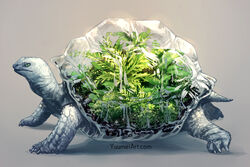  animal_focus artist_name closed_mouth commentary english_commentary from_side glass glint gradient_background green_eyes grey_background highres leaf no_humans nostrils original plant plant_request profile simple_background soil terrarium tortoise turtle watermark web_address yuumei 