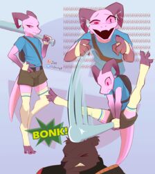  2023 absurd_res ambiguous_gender anthro baseball_bat bat_(object) bear blue_clothing blue_shirt blue_t-shirt blue_topwear bonk_(sound_effect) bottomwear clothed clothing digital_media_(artwork) digitigrade duffel_bag duo female_(lore) footwear fully_clothed heavy_(team_fortress_2) hi_res holding_object horn jarnqk kobold laugh long_socks lya_(jarnqk) mammal onomatopoeia open_mouth pink_body pink_sclera scalie scout_(team_fortress_2) shirt shorts signature smile socks solo_focus sound_effects t-shirt team_fortress_2 text topwear valve 