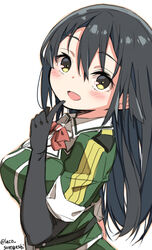  black_eyes black_gloves black_hair bow bowtie breasts chikuma_(kancolle) commentary_request elbow_gloves female gloves kantai_collection laco_soregashi large_breasts long_hair looking_at_viewer military military_uniform one-hour_drawing_challenge puffy_short_sleeves puffy_sleeves red_bow red_bowtie short_sleeves simple_background single_elbow_glove solo twitter_username uniform upper_body white_background 