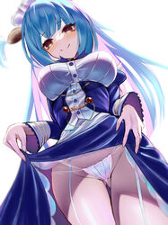  absurdres ass_visible_through_thighs azur_lane blue_hair breasts clam clam_shell clothes_lift female from_below highleg highleg_panties highres j_azln_(magnetic_field) lifting_own_clothes long_hair lowleg lowleg_panties maid maid_headdress neptune_(azur_lane) panties shell_hair_ornament skirt skirt_lift smile string_panties two_side_up underwear yellow_eyes 