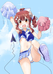  ahoge blush breasts brown_eyes brown_hair cheerleader commentary crop_top curled_horns demon_girl demon_horns demon_tail female highres horns kirara_fantasia long_hair long_tail machikado_mazoku midriff mukaibi_aoi navel open_mouth panties pantyshot pleated_skirt pom_pom_(cheerleading) skirt sleeveless solo tail underboob underwear yoshida_yuuko_(machikado_mazoku) 