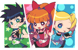  3girls :d ;p akazutsumi_momoko belt black_gloves black_hair blonde_hair blue_eyes blue_jacket blue_shirt blue_skirt blush_stickers bow commentary drill_hair fingerless_gloves gloves goutokuji_miyako green_eyes green_shirt green_skirt grin hairbow hyper_blossom jacket long_hair looking_at_viewer magical_girl matsubara_kaoru miyata_(lhr) multiple_girls one_eye_closed open_mouth pink_jacket ponytail powered_buttercup powerpuff_girls_z red_eyes red_shirt red_skirt rolling_bubbles shirt short_hair skirt sleeveless sleeveless_jacket smile tongue tongue_out twintails yellow_jacket 