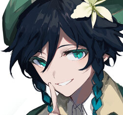  1boy aqua_hair beret bishounen black_hair braid commentary finger_to_mouth flower genshin_impact gradient_hair green_hat hat hat_flower looking_at_viewer male_focus multicolored_hair portrait shushing side_braids simple_background smile solo symbol-only_commentary twin_braids two-tone_hair ueauwa venti_(genshin_impact) white_background white_flower 