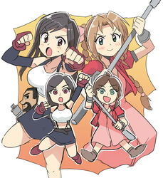  1boy 4girls aerith_gainsborough arm_cannon barret_wallace beard black_bra black_hair black_skirt bo_staff border bra bracelet braid breasts brown_footwear brown_hair clenched_hands closed_mouth commentary_request crop_top dark_skin dress dual_persona elbow_gloves facial_hair final_fantasy final_fantasy_vii fingerless_gloves gloves gradient_background green_eyes highres jewelry long_hair low-tied_long_hair midriff mii_(nintendo) miniskirt multiple_girls multiple_views open_mouth orange_background outline pencil_skirt pink_dress profile red_footwear shirt single_braid skirt smile staff super_smash_bros. suspender_skirt suspenders sweatdrop tank_top tifa_lockhart tsubobot underwear weapon white_border white_outline white_shirt white_tank_top yellow_background 