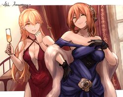  2girls alcohol alternate_costume alternate_hairstyle anniversary blonde_hair blue_dress breasts brown_hair champagne cleavage commission cup dress drinking_glass english_text gazelle_jun girls&#039;_frontline gloves green_eyes highres multiple_girls official_alternate_costume ots-14_(girls&#039;_frontline) ots-14_(ruler_of_the_banquet)_(girls&#039;_frontline) red_dress springfield_(girls&#039;_frontline) springfield_(queen_in_radiance)_(girls&#039;_frontline) wine_glass yellow_eyes 