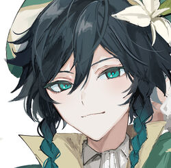  1boy aqua_eyes aqua_hair beret bishounen black_hair braid collar commentary flower genshin_impact gradient_hair green_hat half-closed_eyes hat hat_flower looking_at_viewer male_focus multicolored_hair portrait side_braids simple_background smile solo symbol-only_commentary twin_braids two-tone_hair ueauwa venti_(genshin_impact) white_background white_flower 