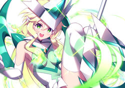  akatsuki_kirika armored_boots bare_shoulders blonde_hair bodysuit boots breasts commentary_request elbow_gloves female gloves green_thighhighs headgear headphones highres holding holding_scythe long_hair mate_(oktavia1121) open_mouth scythe senki_zesshou_symphogear sidelocks small_breasts solo striped_clothes striped_thighhighs teeth thighhighs upper_teeth_only white_gloves white_thighhighs x-drive_(symphogear) 