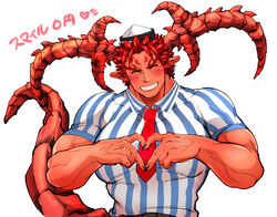  1boy alternate_pectoral_size bara between_pectorals blush curled_horns dark-skinned_male dark_skin demon_boy demon_horns demon_tail heart heart_hands highres horns ifrit_(housamo) kizami_nori_to_yamaimo large_pectorals male_focus muscular muscular_male necktie necktie_between_pectorals pectorals pointy_ears red_necktie shirt short_hair short_necktie smile solo spiked_hair striped_clothes striped_shirt tail tokyo_afterschool_summoners upper_body 