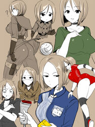  :d ? ass ball barcode_scanner black_choker black_eyes black_shirt blue_shirt bra_strap breasts brown_background brown_gloves brown_hair cashier chibi choker clenched_hand clenched_teeth closed_mouth collarbone collared_shirt confused female frown gloves green_shirt hand_on_own_chest happy highres holding large_breasts lawson leaning_forward long_sleeves looking_at_viewer looking_back looking_to_the_side mask mouth_mask multiple_views name_tag okyou open_mouth red_shirt shirt short_hair short_sleeves simple_background smile sportswear surgical_mask sweat teeth the_king_of_fighters upper_teeth_only volleyball volleyball_(object) volleyball_uniform whip_(kof) 