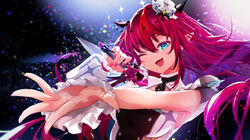  :d absurdres blue_eyes breasts buttons commentary detached_sleeves double-breasted double_halo earrings fangs female flower getto halo hat highres holding holding_microphone hololive hololive_english hololive_idol_uniform_(bright) horns impossible_clothes irys_(hololive) jewelry long_hair looking_at_viewer medium_breasts microphone mini_hat nail_polish official_alternate_costume open_mouth pink_flower pink_nails pointy_ears reaching reaching_towards_viewer red_hair single_detached_sleeve smile solo stage star-shaped_pupils star_(symbol) star_halo symbol-only_commentary symbol-shaped_pupils tilted_headwear upper_body virtual_youtuber 