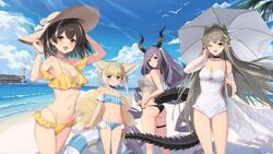  4girls absurdres alternate_costume animal_ears arknights arms_at_sides ass bandeau bare_shoulders beach bikini bird black_bikini black_hair blonde_hair blue_bandeau blue_bikini blue_hairband blue_innertube blue_sky breasts choker cleavage closed_mouth clothing_cutout cloud crocodilian_tail cross-laced_clothes cross-laced_one-piece_swimsuit day floating_hair flower fox_ears fox_tail green_eyes grey_hair hair_flower hair_ornament hair_rings hairband hat hat_flower highres holding holding_swim_ring holding_umbrella horizon horns infection_monitor_(arknights) innertube large_tail long_hair long_tail looking_at_viewer looking_to_the_side magallan_(arknights) medium_breasts mole mole_under_eye muelsyse_(arknights) multi-strapped_bikini_bottom multicolored_hair multiple_girls multiple_tails navel ocean off-shoulder_bikini off_shoulder one-piece_swimsuit open_mouth orange_eyes outdoors palm_leaf parasol plaid plaid_bikini pointy_ears purple_hair red_eyes shadow short_hair side-tie_bikini_bottom sideless_outfit sigm@ single_bare_shoulder sky small_breasts smile standing stomach strapless strapless_bikini streaked_hair striped_innertube sun_hat sunlight suzuran_(arknights) swim_ring swimsuit tail tareme thigh_strap two-tone_hair typhon_(arknights) umbrella underboob_cutout very_long_hair water white_choker white_hair white_one-piece_swimsuit yellow_bikini 