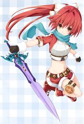  belt black_gloves blue_scarf blush breasts brown_eyes crop_top falcom_(neptunia) female fingerless_gloves gloves hair_intakes hair_ribbon hand_up highres iwashi_dorobou_-r- long_hair looking_at_viewer medium_breasts neptune_(series) ponytail red_hair red_shorts ribbon scarf shirt short_sleeves shorts sidelocks smile solo white_ribbon white_shirt 