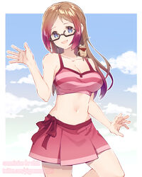  :d animal animal_on_shoulder bandana bare_arms bare_shoulders bikini bikini_skirt black-framed_eyewear blue_eyes borrowed_character breasts brown_hair cleavage commission female glasses gradient_hair hand_up highres long_hair looking_at_viewer medium_breasts multicolored_hair navel numbers_(pigpenandpaper) open_mouth original parted_bangs pink_bikini purple_hair red_bandana semi-rimless_eyewear smile solo swimsuit under-rim_eyewear watermark web_address 