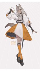  animal_ears artist_name belt black_belt black_footwear closed_mouth collar collared_dress commentary dark-skinned_female dark_skin dress female full_body grey_background highres holding holding_sword holding_weapon kneehighs long_hair long_sleeves looking_at_viewer mizuki_mau orange_dress orange_eyes orange_socks original parted_bangs platinum_blonde_hair saber_(weapon) sheath shoes simple_background socks solo sword tail translated twitter_username two-tone_dress weapon white_dress 