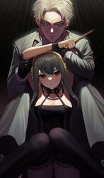  1boy armpits arms_up black_dress black_gloves black_hair black_thighhighs blonde_hair blue_eyes breasts choker cleavage dagger dress earrings female flower gloves hair_flower hair_ornament hairband holding holding_weapon jewelry knife large_breasts moth1 pants red_eyes sitting spy_x_family thighhighs thighs twilight_(spy_x_family) weapon yor_briar 