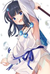  ahoge arm_up armpits bare_shoulders black_hair blue_eyes blue_ribbon blush breasts collarbone dress fate/grand_order fate/requiem fate_(series) female fundoshi japanese_clothes jewelry long_sleeves looking_at_viewer magatama magatama_hair_ornament medium_breasts medium_hair multicolored_hair necklace open_mouth panda_inu pelvic_curtain pink_hair polearm puffy_long_sleeves puffy_sleeves ribbon seigaiha short_dress sideboob sideless_outfit sidelocks solo spear streaked_hair utsumi_erice water_drop weapon white_background white_dress 