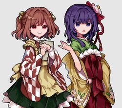  2girls apron bell blue_eyes checkered_sleeves closed_mouth commentary floral_print flower green_kimono green_skirt grey_background hair_bell hair_flower hair_ornament hakama hieda_no_akyuu japanese_clothes kimono looking_at_viewer motoori_kosuzu multiple_girls orange_eyes orange_hair pink_flower pixel_art protected_link purple_hair red_hakama risui_(suzu_rks) short_hair simple_background skirt smile standing touhou two_side_up yellow_apron 