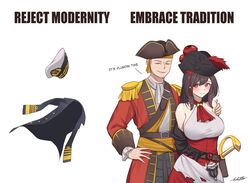  1boy absurdres azur_lane bare_shoulders blush breasts commander_(azur_lane) english_commentary female grin hat highres jacket large_breasts long_hair meme military military_uniform naval_uniform open_clothes open_jacket open_mouth peaked_cap pirate_costume pirate_hat red_eyes royal_fortune_(azur_lane) smile sword uniform unworn_clothes weapon whitter 