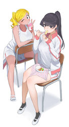  2girls absurdres alternate_hairstyle arm_under_breasts bento black_eyes black_hair black_socks blonde_hair breasts chair chopsticks clothes_around_waist collarbone commentary dark-skinned_female dark_skin drinking drinking_straw eating english_commentary food furoshiki gym_shirt gym_shorts gym_uniform hands_up high_ponytail highres holding holding_chopsticks jacket jacket_around_waist juice_box komi-san_wa_komyushou_desu komi_shouko large_breasts long_hair long_sleeves looking_at_viewer manbagi_rumiko multiple_girls no_socks omelet on_chair one_eye_closed open_clothes open_jacket rice school_chair see-through shirt shoes short_shorts shorts simple_background sitting sitting_backwards sleeves_rolled_up socks swept_bangs takita_(takita3411) tamagoyaki teeth thighs upper_teeth_only v white_background white_footwear white_jacket white_shorts 