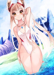  absurdres animal_ears arm_at_side arm_behind_back bad_id bad_pixiv_id bare_shoulders beach blonde_hair blunt_bangs breasts cat_ears closed_mouth covered_navel dutch_angle female gem highres long_hair looking_at_viewer nia_(blade)_(xenoblade) nia_(xenoblade) one-piece_swimsuit outdoors risumi_(taka-fallcherryblossom) seiza sidelocks sitting small_breasts swimsuit tareme thick_thighs thigh_gap thighs very_long_hair water white_hair white_one-piece_swimsuit wide_hips xenoblade_chronicles_(series) xenoblade_chronicles_2 yellow_eyes 